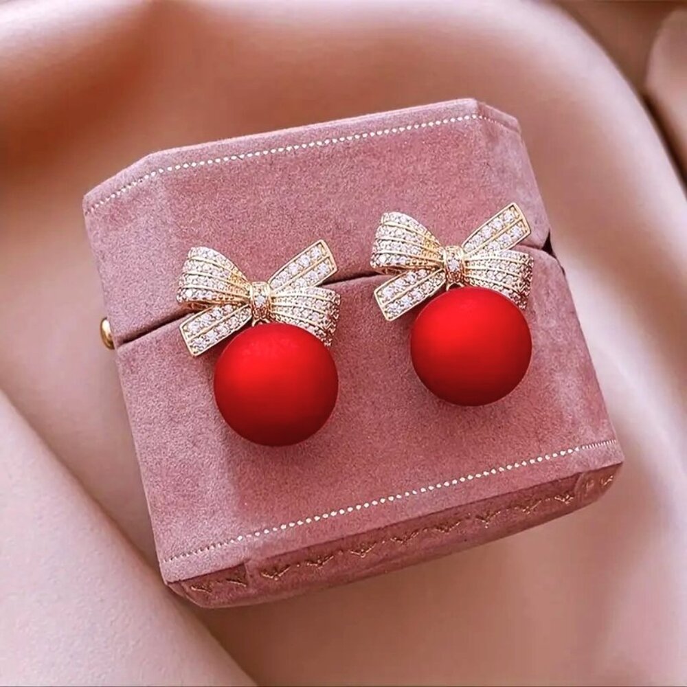 Earrings Bows Holiday Rhinestones Glam Christmas Red Ornament Stylish Sparkly